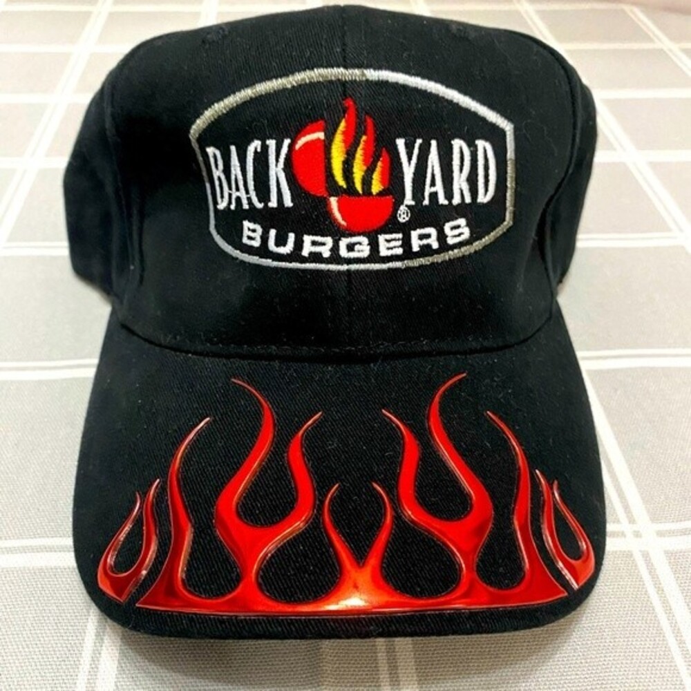 NWOT Backyard Burgers Cap Red Flames Raised Accent Brim Black Hat Grilling Dad